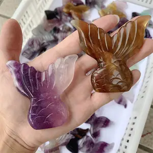 Wholesale Natural Stone Crafts Reiki Healing Crystal Carving Animal Palm Mermaid Tail