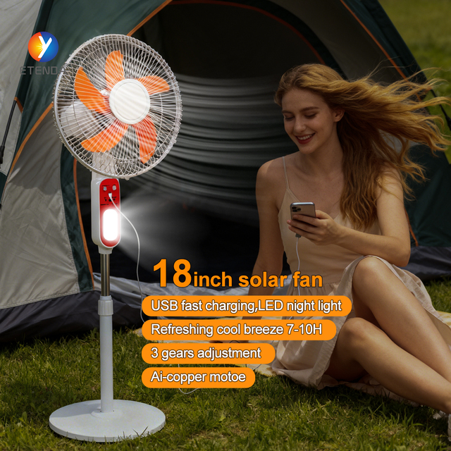18 Inch Rechargeable Solar Fan with Brushless Motor LED Light USB Output and 20W Solar Panel for Home Outdoor