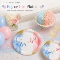 Assiettes en papier pour garçon ou fille, bleu rose aquarelle, avec des pois dorés, assiettes rondes jetables pour fête de révélation du sexe