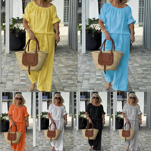 Ensemble deux pièces pour femmes, haut ample à col rond avec cordon de serrage et pantalon, couleur unie, costume décontracté, S M L XL 2XL 3XL - Product Image 1