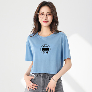 Custom Logo Cotton Silk Blend Cropped T-Shirt Women Solid Color Short Sleeve Breathable Loose <b>Crop</b> <b>Tops</b> - Product Image 1