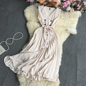 Tunique Slip Robe Femmes Couleur Unie Blazer Col Sans Manches Robe Taille Haute Plissée Casual Dress - Product Image 1