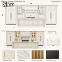 Meubles de cuisine crème de style français transitoire, portes fines de type Shaker, îlot central en laiton, projet de menuiserie sur mesure pour toute la maison de villa