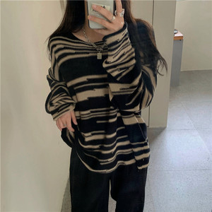 Pull en tricot rayé pour femme, manches longues, coupe ample, col rond, décontracté, pour l'automne et l'hiver - Product Image 3