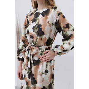 Elegant Women's Belted Patterned Chiffon Dress A-Line <b>Wrap</b> And <b>Tie</b> Natural Waist Collarless Breathable Long Maxi Dress - Product Image 4