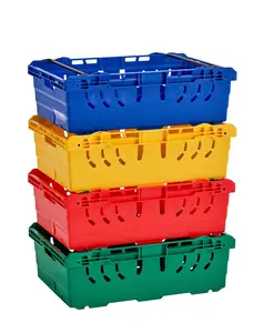 Caja de cosecha de nido de pila de plástico perforado para frutas y verduras, bandeja de brazo de pacas profundas, contenedor de plástico para envío