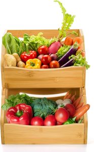 SINCERE 2 Pack Bamboo Countertop <strong>Storage</strong> <strong>Bins</strong> Open Front 2-Tier Stacking Organize Basket <strong>Box</strong> Handle Food Fruit Kitchen <strong>Storage</strong> - Product Image 4