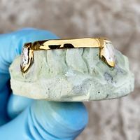 Glacé plaqué or 2 tons personnalisé Grillz diamant poussière véritable 925 dents en argent reliant barre de pont avant Halloween cadeau bijoux