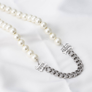 yunnique Punk Chic Pearl <b>Titanium</b> Steel <b>Chain</b> Spliced Necklace Unisex Party Jewelry Geometric Letter Design - Product Image 1