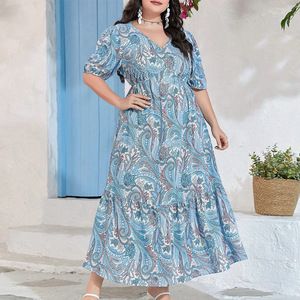 Vente en gros Grande taille <span class=keywords><strong>4XL</strong></span> imprimé décontracté Maxi robe femmes col en V manches courtes patchwork robes - Product Image 4