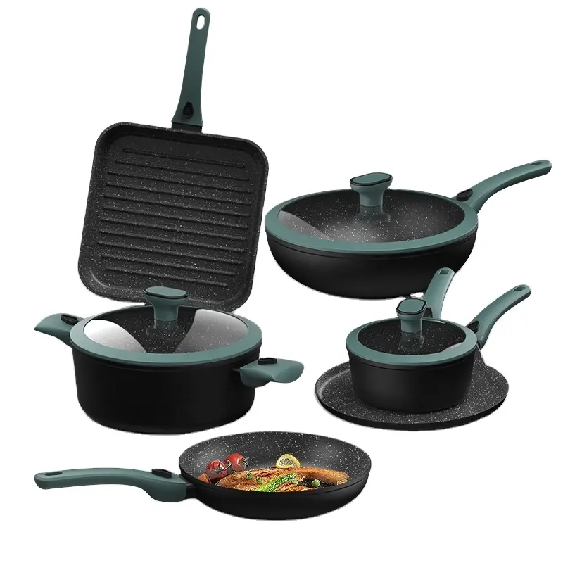 New Design dark green 9 pieces Forged Aluminum with Detachable Handle Pots and Pans Cookware Set