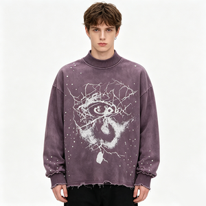 T-shirt Streetwear Col Rond Effet Délavé Vintage avec Motif Rhinestone Hotfix Effet Craquelé et Bordure Effilochée, Détails en Strass Dispersés - Product Image 1