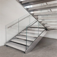 CBMMart-Escalier contemporain en bois avec design flottant, balustrade en verre sans cadre à éclairage LED caché