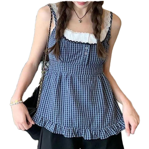 Fresh Pastoral Style Plaid Lace Stitching Bandage Dress Vest Girlish Youthful-Looking Short Woven Sweet <b>Sequined</b> Two-Piece <b>Top</b> - Product Image 1