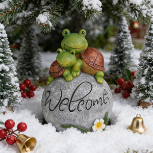 ウェルカムタートル樹脂彫刻、グレーストーンベースガーデンデコレーション（屋外パティオ用）、キュートな動物像（庭の通路用） - Product Image 1