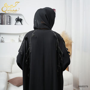 Habib新デザインヒジャーブブラックオープンアバヤセット工場卸売ビーズスリーブオープンアバヤヒジャーブ付き - Product Image 5
