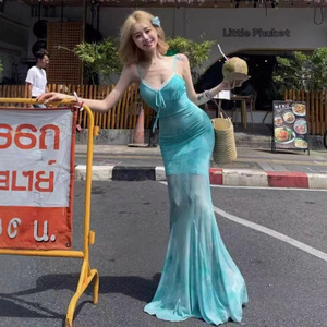 Light Green Mesh Mermaid Bodycon Dress Strapless Long Beach Vacation Sundress For Women Polyester Fabric Splicing Design - Product Image 4