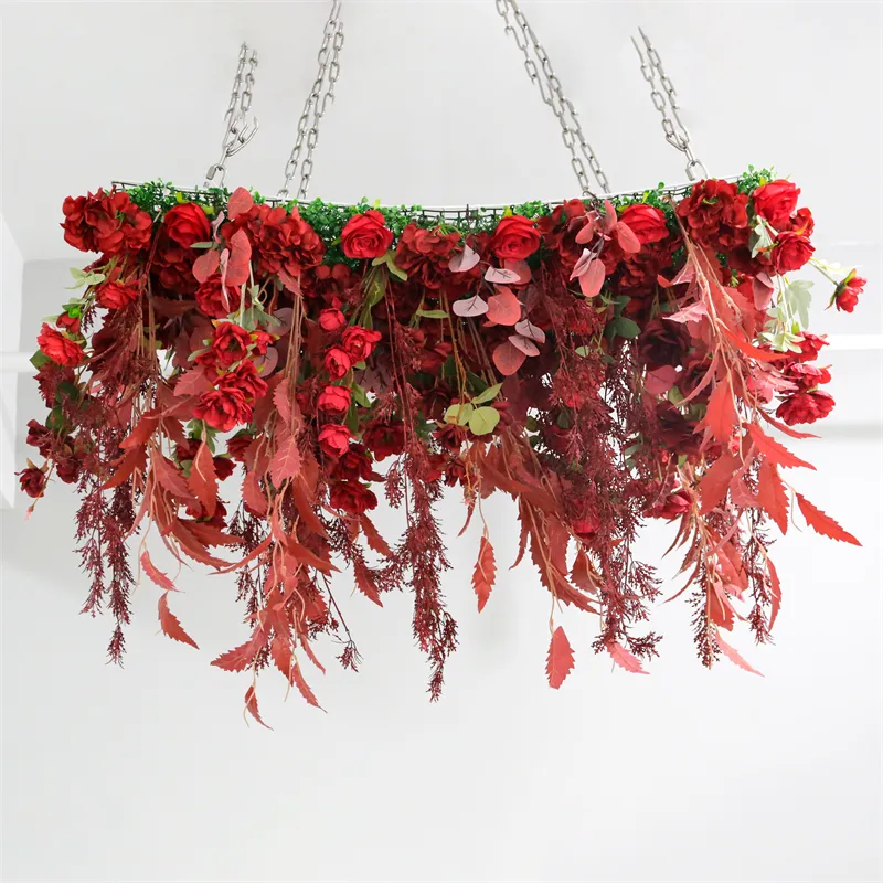 LFB2293 Hot Selling Red Rose Flowers Leaf Vine Ceiling Floral Panel Artificial Flower Wedding Party Decoration Hanging Flowers