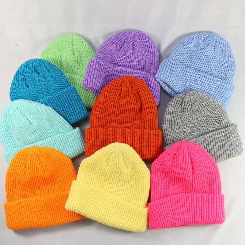 HZM-18510 winter factory custom plain rolled up toque multi neon colors knitted kid beanie hat for wholesale