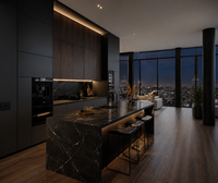 Ensemble d'armoires de cuisine modulaires modernes KEJIA en noir mat avec texture de grain de bois foncé et îlot cascade en marbre noir de luxe OEM
