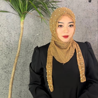 Zifeng OEM Foulard pour femme du Moyen-Orient en dentelle, maille, orné de perles et de strass, style Hui, avec lanières en gaze
