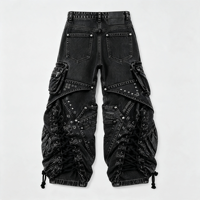 SOONREE Jeans Cyberpunk personnalisés pour hommes, pantalon en denim noir à lacets et cloutés, Techwear, fabrication directe d'usine, coupe large, streetwear