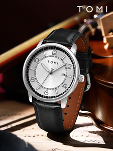 Montre analogique classique TOMI pour homme, mouvement à quartz, boîtier en acier inoxydable, cadran bleu, bracelet en cuir marron - Product Image 6