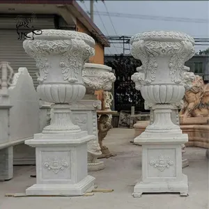 Estilo europeu moderno ao ar livre branco pedra natural escultura redonda jardim flor urna plantadores de mármore sólido Flowerpot para venda