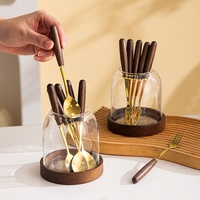Support de Couverts en Acier Inoxydable avec Base en Bois et Verre Ambré – Organisateur Multifonctionnel pour Ustensiles de Cuisine et Spatules