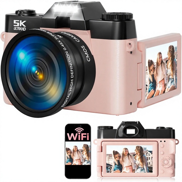5K UHD 75MP WiFi Vlogging Camera 3" 180Flip Screen 64GB SD Card 16X Zoom 2 Batteries CMOS Sensor EIS for Beginners/Teens Pink
