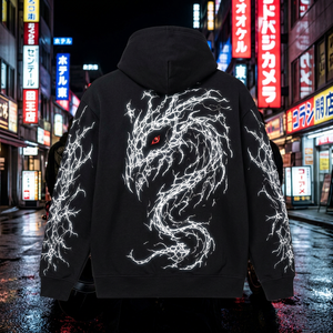 Sudadera con Capucha Negra para Hombre con Estampado de Dragón, Estilo Urbano, Tejida en Poliéster, Talla Grande, Luminosa, para Otoño - Product Image 1