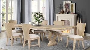 Farmhouse Style Light <b>Brown</b> Wood Dining Set-Rectangular <b>Table</b> Geometric Base 6 Chevron-Patterned Chairs Upholstered Seats - Product Image 2