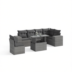 Gray Poly <b>Rattan</b> Garden <b>Sofa</b> Set Powder Coated Steel Frame Tempered Glass Table Outdoor Furniture 6 Seater Contemporary Design - Product Image 1