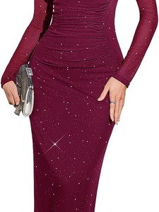 Wholesa <b>Red</b> Shinny Floor Length Dress with <b>Sequined</b> Embroidery Full Sleeve O-Neckline Bodycon Satin Cocktail Party Wear Dresses - Product Image 2