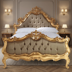 <b>Antique</b> Luxury Carved Wood <b>Bed</b> Gold Leaf Jepara Indonesia Furniture Victorian Solid Mahogany Upholstered Fabric Bedroom Use - Product Image 3