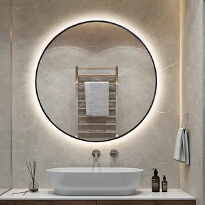 Bathroom Mirror Black Aluminum Frame Light Mirror 80cm Round Wall Hung Bathroom Mirror With Touch Screen Lcd