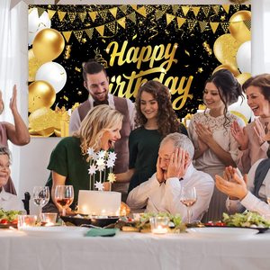Bannière Joyeux Anniversaire 70,8 <span class=keywords><strong>x</strong></span> <span class=keywords><strong>45</strong></span>,3 pouces, décorations de fond, bannière pailletée noire et dorée, fournitures de fête, fond <span class=keywords><strong>photo</strong></span>, femmes, hommes - Product Image 2