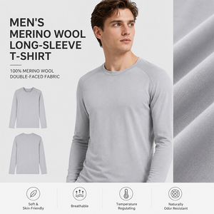 150 GSM <b>Wool</b> Men's Long Sleeve <b>Base</b> <b>Layer</b> Winter Thermal Underwear Top Custom Logo Premium Warm Soft Breathable Ski Hiking Shirt - Product Image 1