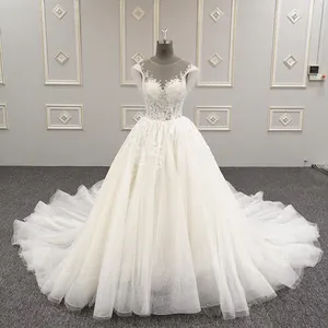 Vestido de casamento super fada, manga de boné bordada, vestido de noiva com renda, sexy, em estoque 2022