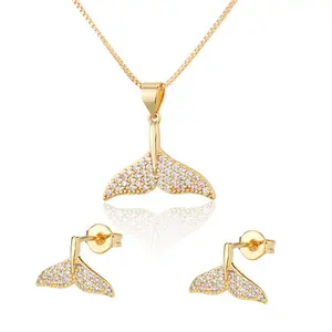 LIVE4U 2021 New Design Simple Gold Plated Whale Fish Tail Shape Pendant Necklace Earring Jewelry Set for Lady Gifts Women