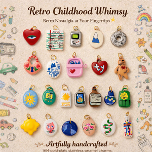 L'envie de jouir de la vie, à l'heure de la rétrogigue enfantine |   Pendentif en émail peint à la main en acier inoxydable plaqué or 18K PVD, imperméable, hypoallergénique, durable - Product Image 1