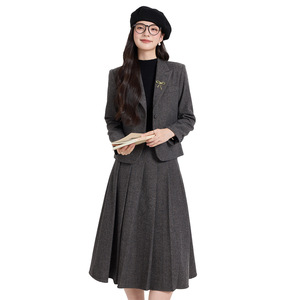 Women's Wool Suit Set Gray Brown Solid Color Jacket And Skirt Two Piece Professional Office Wear For Interview Commute - Product Image 5