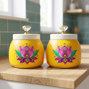 Ensemble de pots à épices en métal avec design lotus, couvercles ronds jaunes hermétiques pour la cuisine - Product Image 3