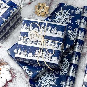 Christmas Wrapping <b>Paper</b> Dark <b>blue</b> double-sided wrapping <b>paper</b> Silver Christmas tree snowflake and house pattern wrapping <b>paper</b> - Product Image 1