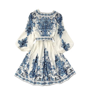 2024 alta qualità abito Vintage sottile Midi per le donne con scollo a V manica lunga stile impero stampato abiti bohémien - Product Image 6