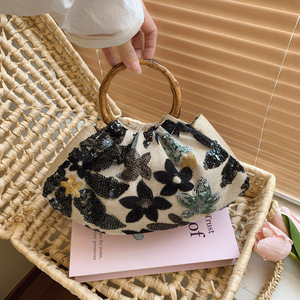 Borsa da Spiaggia Casual Trendy con Paillettes Colorate, Patchwork in Rete e Stampa Floreale, Fodera in PVC e Poliestere, Stile Vacanza al Mare - Product Image 3