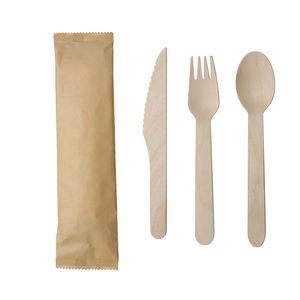 Ensemble de couverts jetables écologiques en bois de bouleau, avec serviette, sel et papier, pour voyage et extérieur, surface lisse - Product Image 6