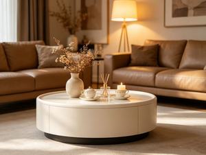 Modern <b>Round</b> Coffee <b>Table</b> With Storage <b>White</b> Resin Top Metal Frame Living Room Furniture Minimalist Design - Product Image 4