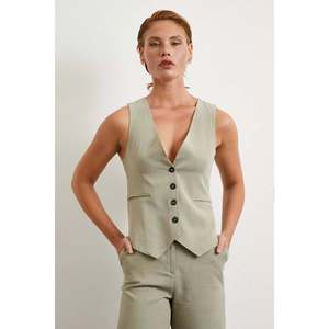 Chaleco de Lino y Algodón para Mujer con Bolsillos, Prenda Exterior Transpirable, Color Gris - Product Image 4