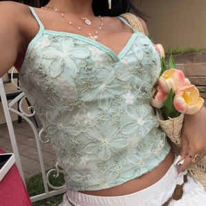 <b>Women</b> <b>Mesh</b> Floral Embroidered V Neck Sleeveless Camisole Crop <b>Top</b> Slim Fit Summer Casual Vest - Product Image 2